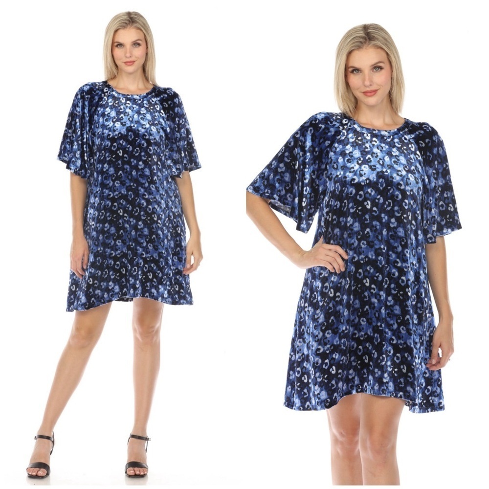 New! Johnny Was Blue Iris Leopard Velvet & Silk Flutter Sleeve Dress💙 Small NWT!